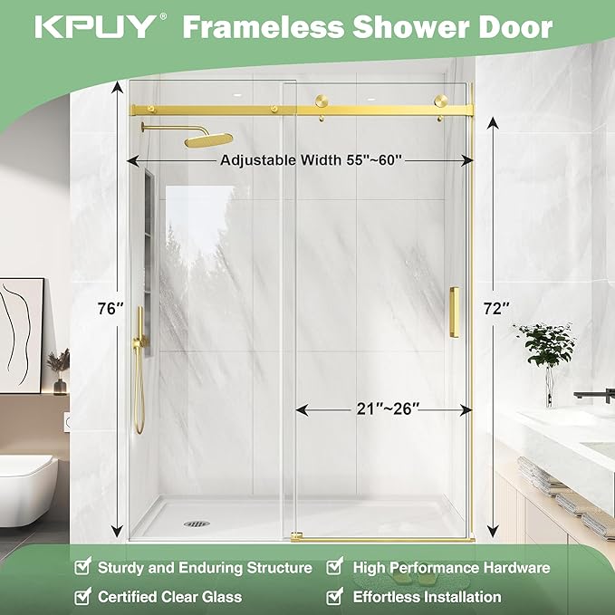 KPUY Frameless Shower Door, 55-60" W x 76" H Sliding Glass Shower Door, 1/4" (6mm) Thick Tempered Clear Glass with Explosion-Proof Film Nano Coating, Brushed Gold