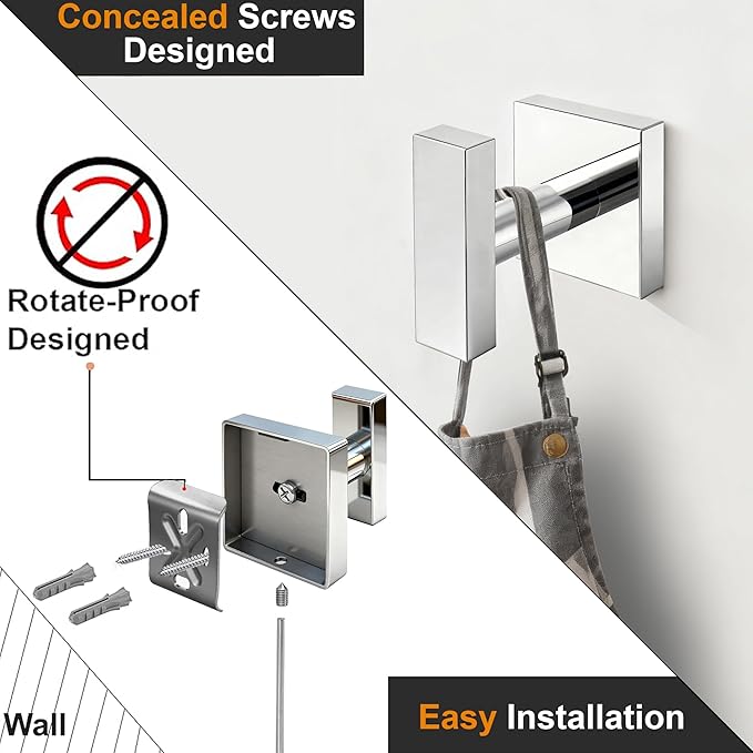 Towel Hooks for Bathrooms, Chrome Polished Towel Hook for Kitchen Bathroom, SUS304 Stainless Steel Coat Hook, Square Heavy Duty Robe Hooks for Hanging Towels, Coats, sponges, Wall Mount, 4 Pack