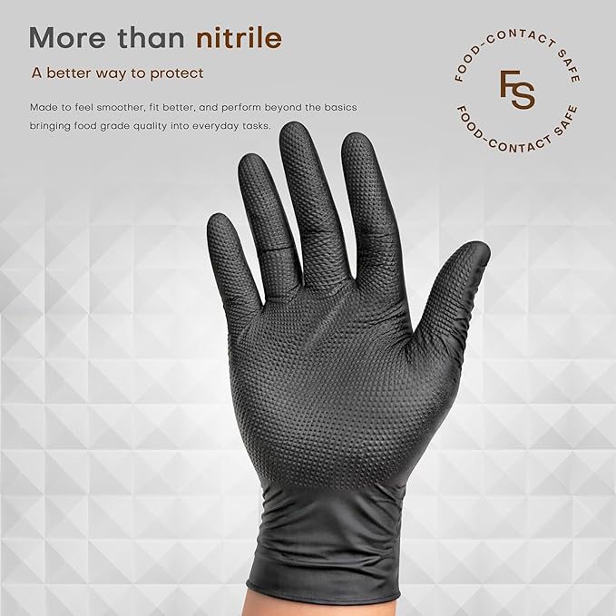 SUPER+ HEAVY DUTY Nitrile Gloves 8 Mil Diamond Texture Disposable Chemical Resistant Powder &Latex Free Food Safe Black 50 Ct