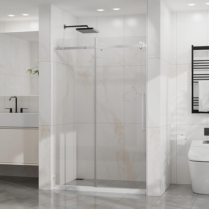 Frameless Shower Door 48" W x 72" H, 1/4" Clear Tempered Glass, Sliding Design, Reversible Installation, Chrome Finish, Space-Saving Glass Shower Door for Small Bathrooms