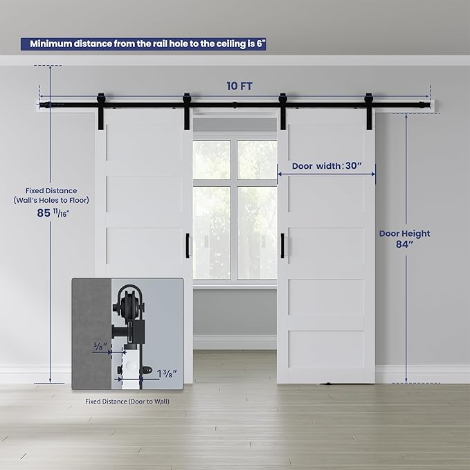 Double 30" x 84" White Barn Door with 10FT Sliding Door Hardware Kit Included, Assemblely Needed, Waterproof PVC Surface, Fit Max Opening 58in x 82in, White