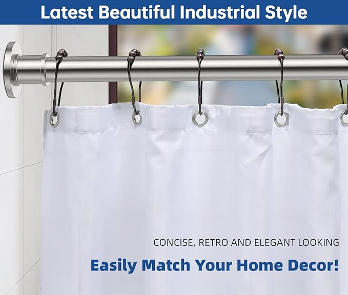 BRIOFOX Industrial Shower Curtain Rod - Rustproof Non-Slip Long Tension Shower Rod 54-90 Inch 304 Stainless Steel Tension Curtain Rod, Brushed Nickel