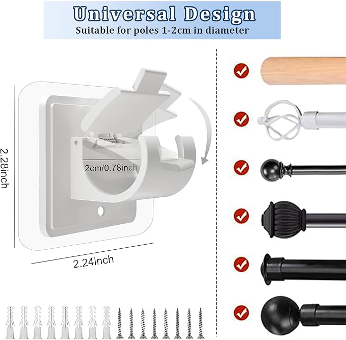 14PCS No Drill Curtain Rod Brackets No Drilling Self Adhesive Curtain Rod Holder Hooks Nail Free Adjustable Curtain Rod Hooks Curtain Hangers for Bathroom Kitchen Home Bathroom and Hotel (White)