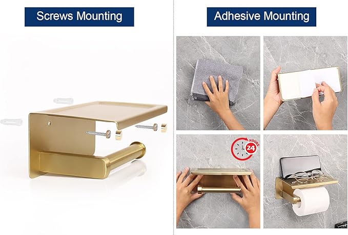 NearMoon Toilet Paper Holder with Shelf, Heavy Duty Bath Toilet Roll Holder with Phone Shelf Tissue Hanger for Bathroom/Kitchen No Drill or Wall Mounted(304 Stainless Steel, Brushed Gold)