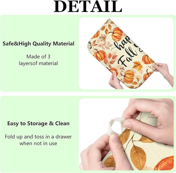 Fall Dish Drying Mat for Kitchen Counter,Autumn Pumpkin Maple Leaf Pattern Microfiber Drying Mat,Washable Absorbent Countertop Harvest Thanksgiving Dish Mat Drain Mat,16x18 Inch