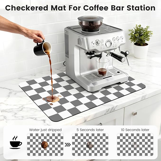 16" x 24" Checkered Dish Drying Mat for Kitchen Counter, Absorbent Coffee Bar Mat for Espresso Machine Coffee Countertops Accessories (Grey)