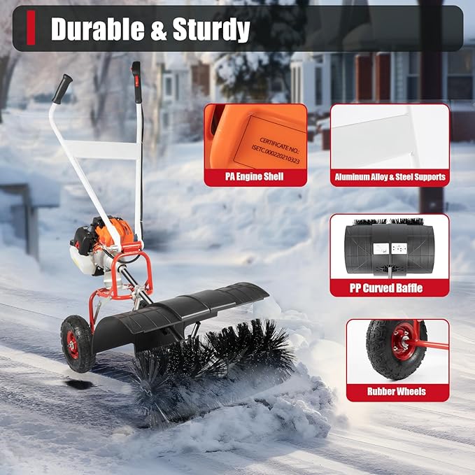 2.5HP 52CC Gas Power Handheld Sweeper, Driveway Turf Snow Broom Brush Cleaner Artificial Grass Walk Behind Electric Lawn Power Outdoor Road Street High Performance Cleaner