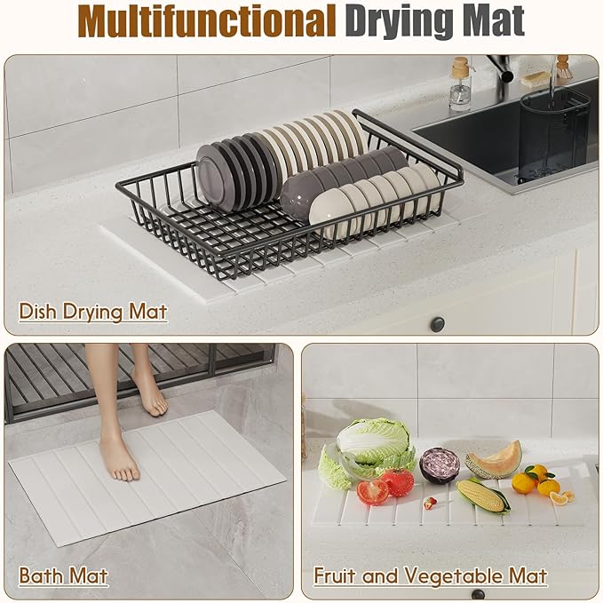 Dish Drying Mat，Stone Drying Mat for Kitchen Counter，Heat Resistant and Super Absorbent Foldable Bath mats,Made of Diatomaceous Earth and Leather.24.8"×15.7" White