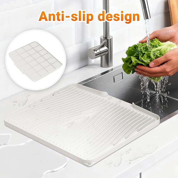 Silicone Dish Drying Mat for Kitchen Counter, Non-Slip Drain Pad, Dish Drying Pad, Easy to Clean Dish Rack Pad, Multi-Use as Heat Resistant Trivet, 15.8" x 13" , Cream