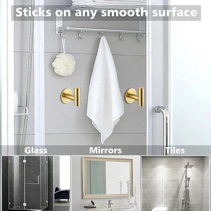 Adhesive Hooks Towel Hooks for Bathroom, Stainless Steel Waterproof Shower Hook Towels Holders, Coat Hook for Hanging Clothes, Wall Hooks Stick on Bathroom or Kitchen - 2 Pack, Gold