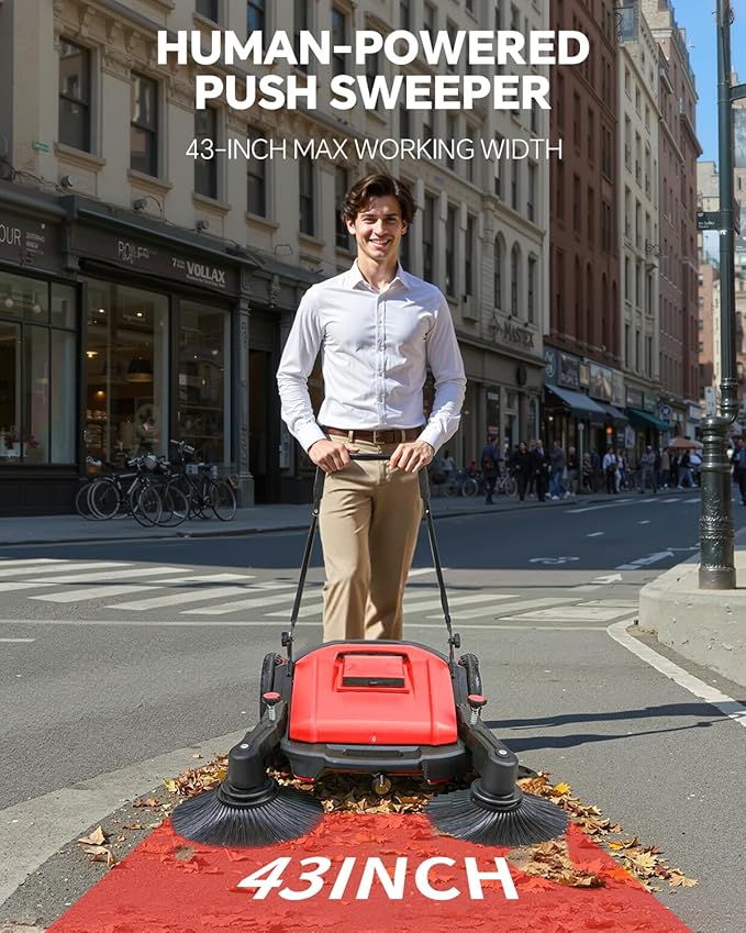 41" Industrial Walk-Behind Hand Push Floor Sweeper,14.5 Gallon Large Capacity, 46000 SqFt/Hour, Indoor, Outdoor Use Cleaning of Dust Litter Grass