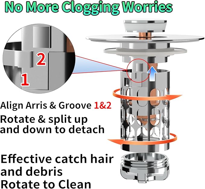 Sink Stopper Drain Hair Catcher,Bathroom Sink Drain Strainer with Removable Anti-Clogging Basket,Easy to Install Bathroom Sink Stopper Drain Catcher for 1.06-1.61in Basin Washstand Hole
