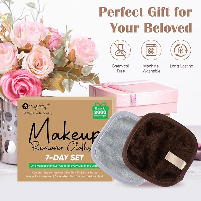 Orighty Makeup Remover Cloths 7-Day Set, Premium & Reusable Makeup Remover Pads, Erase Make-up With Just Water, Make-up Set For Eyes, Lips, Foundation and more, Ideal Choice For Women (Neutrals)