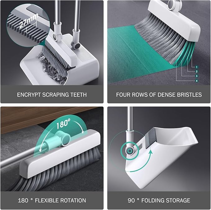 Broom Dustpan 3-in-1 90° Stand up Heavy Duty Dust Pan and Broom Set with Long Handle 180° Rotation for Indoor & Outdoor Sweeping