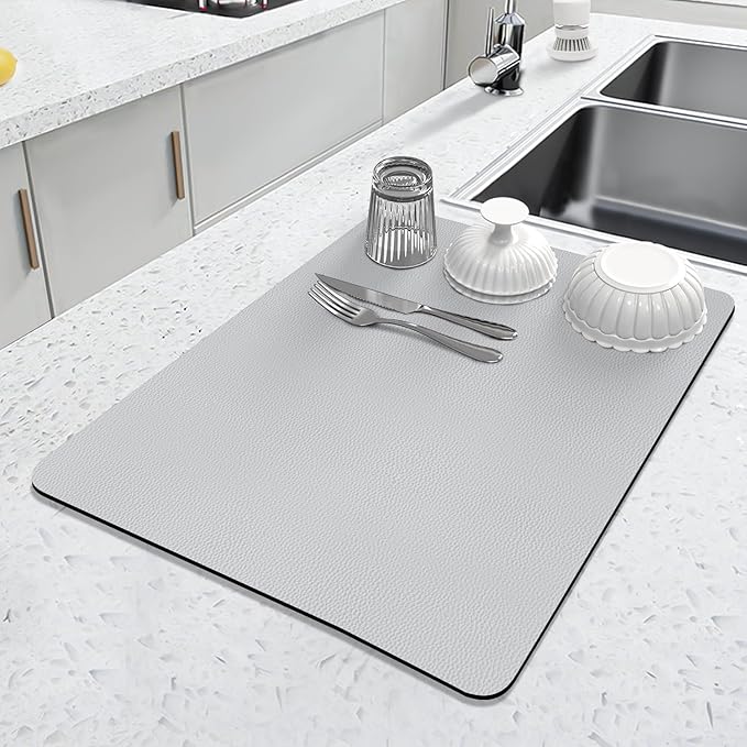 LOPNUR Kitchen Dish Drying Mat, 18"x16" Small Dish Drying Mats for Kitchen Counter, Super Absorbent Dish Drying Pad, Diatomite Coffee Mat Heat Resistant Mat with Anti-slip Rubber Backed, Light Grey