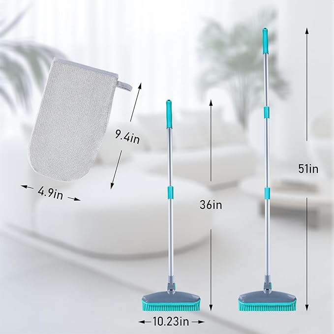 180°Rotating Rubber Broom with Squeegee for Pet Hair Removal - 50" Iron Handle Fur Remover Rake Brush for Carpet, Hardwood & Tile Floors, Includes Pet Hair Removal Gloves (Blue)