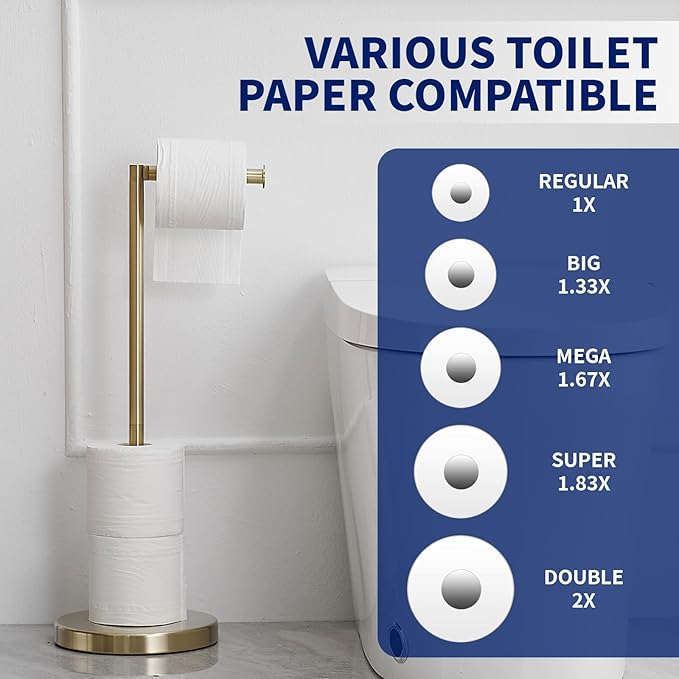 BWE Brushed Gold Toilet Paper Holder Stand Modern Tissue Roll Holder Storage for 4 Rolls of Paper, Stainless Steel Free Standing Toilet Paper Holder Bathroom Accessories with Weighted Base