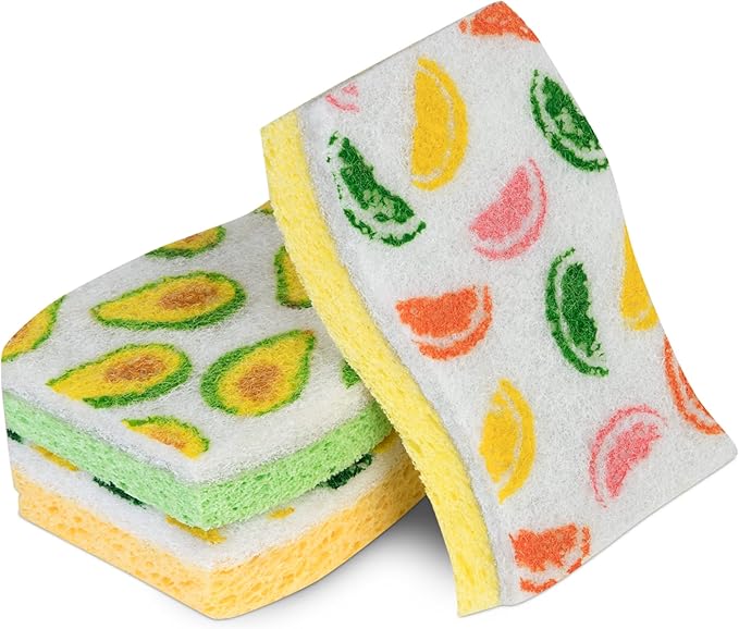 Smart Design Non-Scratch Cellulose Smart Scrub Sponge - Set of 9 - Ultra Absorbent - Ergonomic Shape - Cleaning, Dishes, & Hard Stains - Fruit Pattern - Orange, Green, Yellow