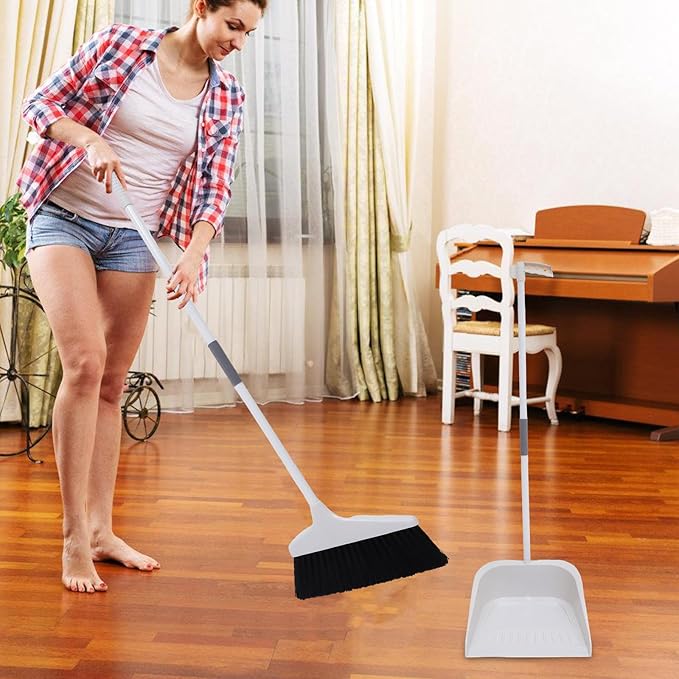 Broom and Dustpan Set Heavy Duty with Long Handle, Soft Bristle Broom and Large Dustpan for Home Cleaning, Pet Hair Removal, Indoor Floor Sweeping, White