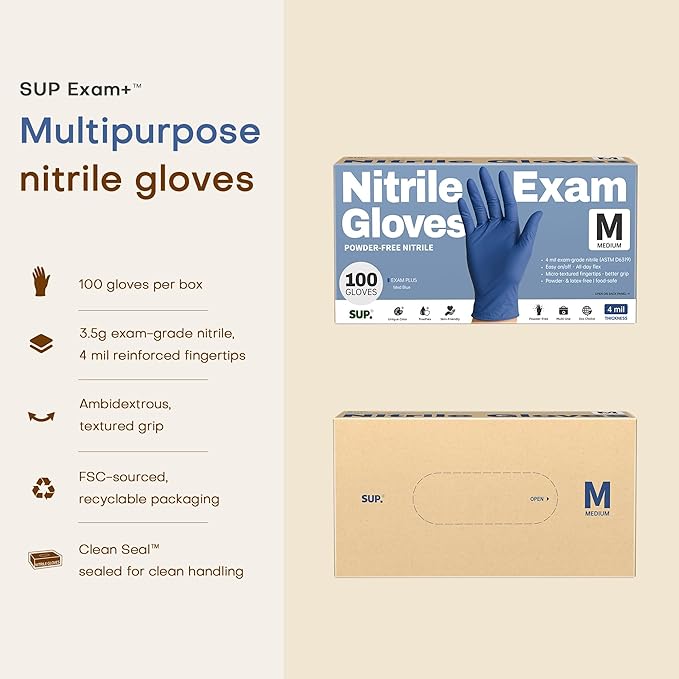 SUP Powder-Free Nitrile Exam Gloves, 100 Count Food Safe Latex-Free Medical Non-Sterile Cooking Disposable Glove, Blue