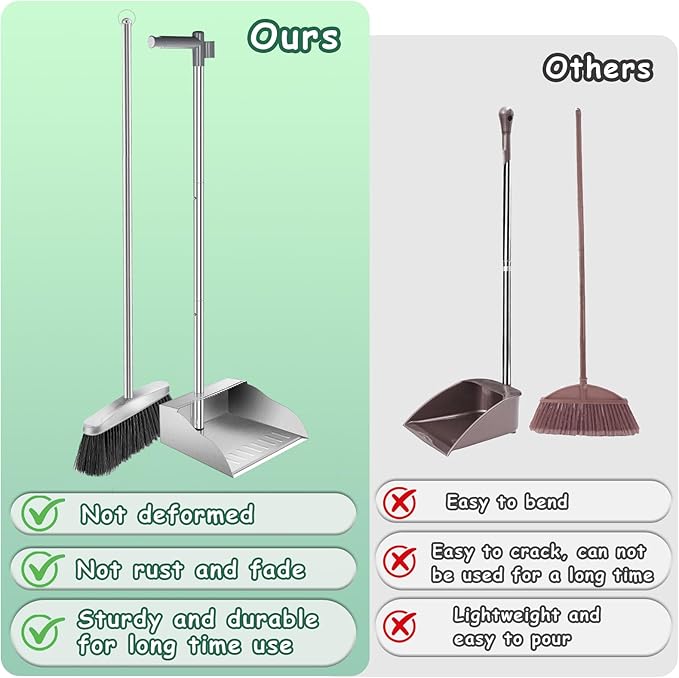 Dust Pans with Long Handle,Heavy Duty Metal Dust Pan with Handle,Upright Stand Up Dustpan with Dust Pan Teeth to Clean Hair for Home Kitchen Office Lobby Floor Garden