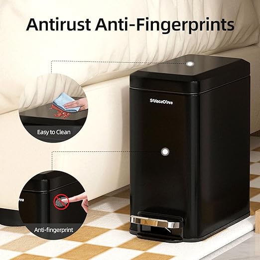Slim Bathroom Trash Can with Lid Soft Close, 6 Liter/1.6 Gallon Stainless Steel Small Garbage Can with Removable Inner Bucket, Step Pedal, Slim Wastebasket for Toilet, Office, Bedroom, Black