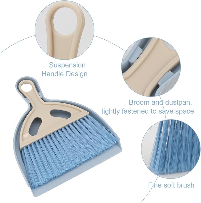 Mini Dustpan and Brush Set Portable Small Broom with Dust Pan Handheld Hangable Whisk Broom and Dust Pan for Home, Kitchen, Table, Office, Car 1 Pcs (Blue)