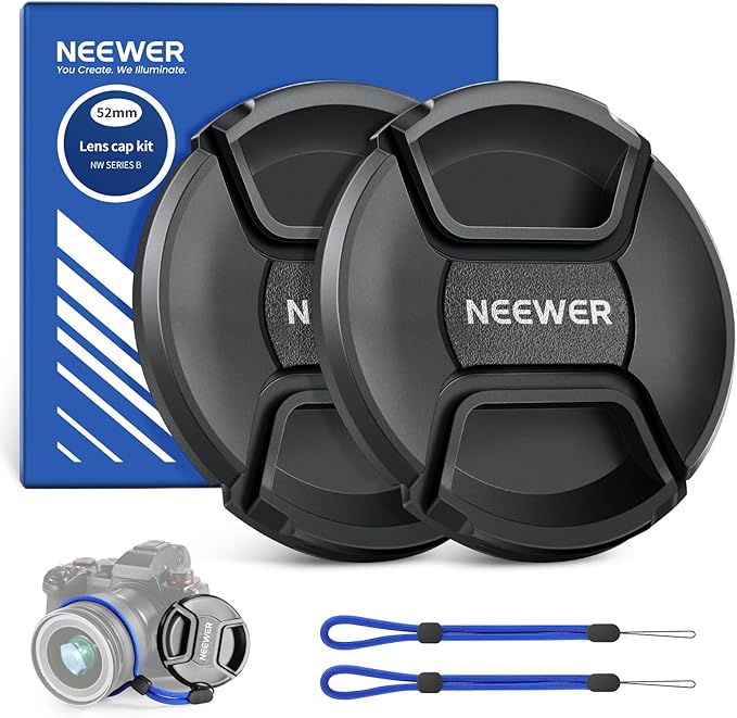 Neewer 52mm Lens Cap Kit (2 Pack), Lens Cover with Anti Loss Strap and Cleaning Cloth, Compatible with Canon Nikon Sony Fujifilm Panasonic Camera Lens of 52mm Diameter