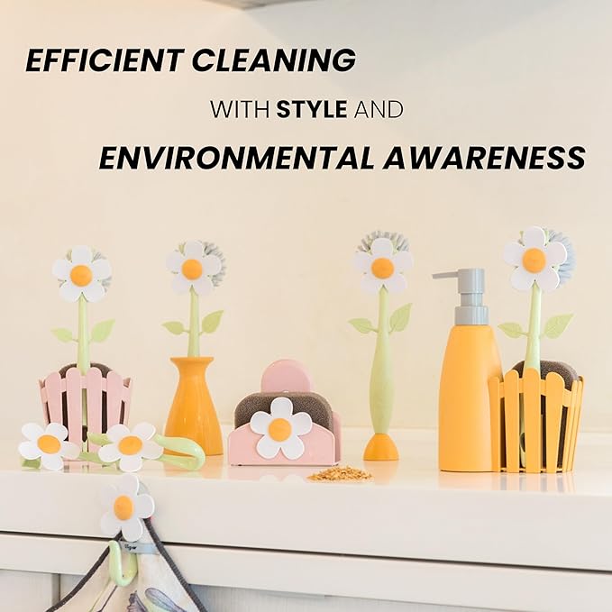 Vigar Florganic Daisy-Shaped Dish Brush, a Dish Brush with Handle, and a Dish Brush with Stand for Pot Scrubber, Kitchen Dishes, and Sink Cleaning