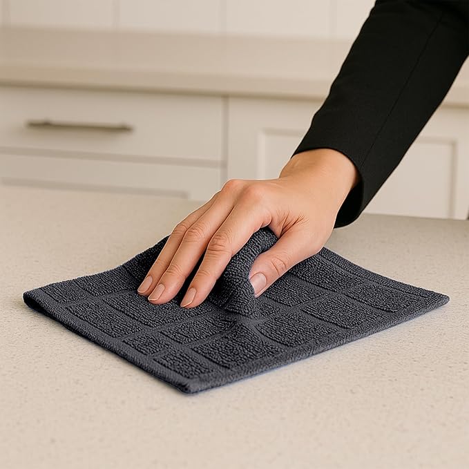 DecorRack 10 Pack 100% Cotton Kitchen Towels, 12x12 inch Soft Terry Dishcloths, Absorbent Hand Towels for Cleaning, Drying & Dishes, Plaid Pattern Cleaning Rags, Gray (Pack of 10)