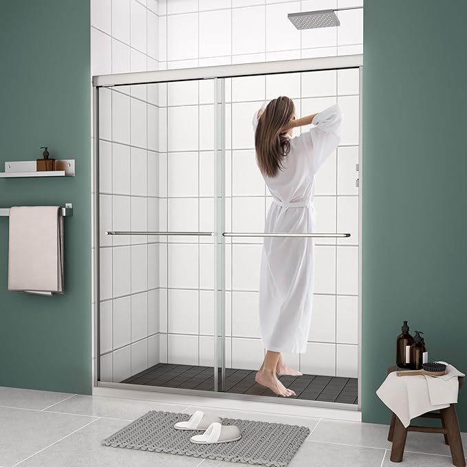 Bypass Glass Shower Door 56-60" W x 70" H with 1/4" Clear SGCC Tempered Glass, Semi-Frameless Double Sliding Shower Door, Easy to Clean, Easy to Install, Chrome