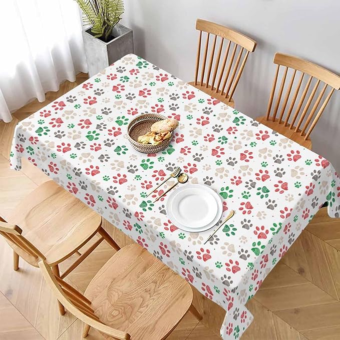Paw Prints Table Cloth 52x70 Doodle Dog Cat Red Green Footprint Rectangular Tablecloth Polyester Washable Table Cover for Dining Kitchen Banquet Picnic Decorative