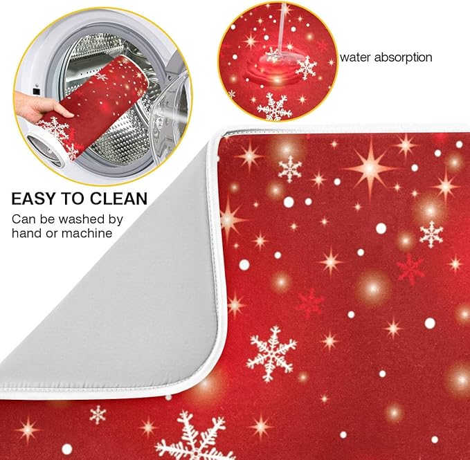Christmas White Snowflake On Red Background Dish Drying Mat 16x18 inch Dish Drainer Kitchen Counter Mats Bottles Dish Dry Pad Protector for Kitchen Countertops