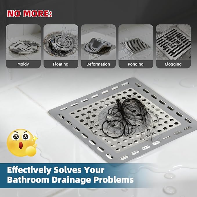 Hibbent Upgraded Shower Drain Hair Catcher for Bathroom Floor 4" Drain, Anti-Clogging Shower Drain Cover, Stainless Steel & Silicone Drain Strainer with Handle, Shower Drain Protector, Grey