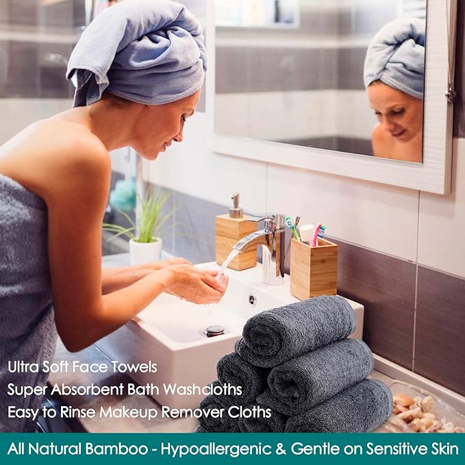 Wash Cloths 6 Pack, Reusable Makeup Remover Towel, 13x13 inch Large Washcloths for Face and Body, Super Soft and Skin Friendly Face Towel on Sensitive Skin, Easy to Rinse Grey Facial Cleaning Cloths
