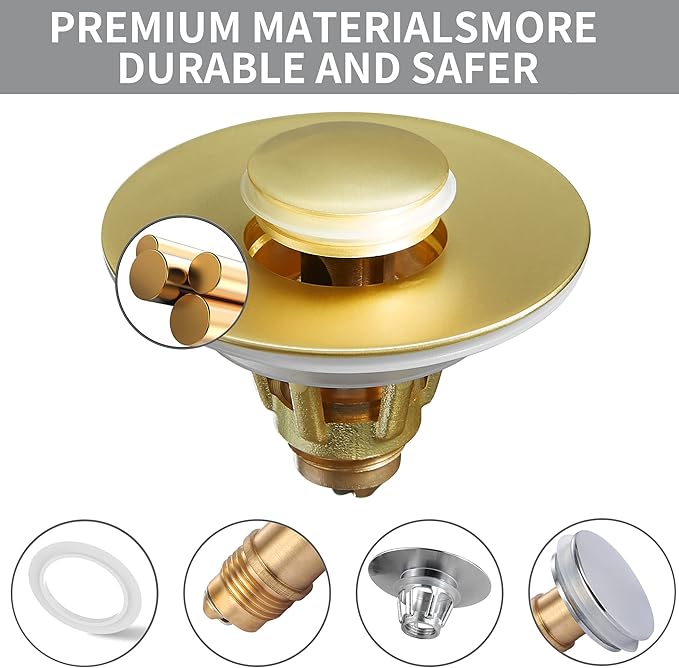 Fransiton Bathroom Sink Drain Stopper, 1.1-1.77 Inch Basin Pop Up Sink Drain Stopper, Anti Clogging Drain Plug with Detachable Hair Catcher,Brushed Golden