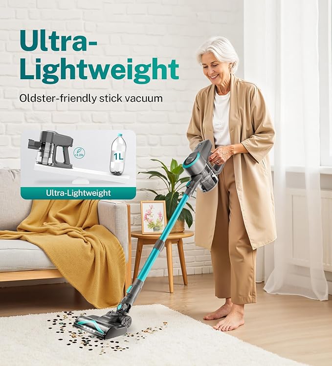 DEVOAC Cordless Vacuum Cleaner, Ultra-Lightweight Stick Vacuum, 2200mAh Battery Up to 40mins Runtime, 6 in 1 Powerful Handheld Vacuum for Home Hard Floor Carpet Pet Hair (Waterfall)