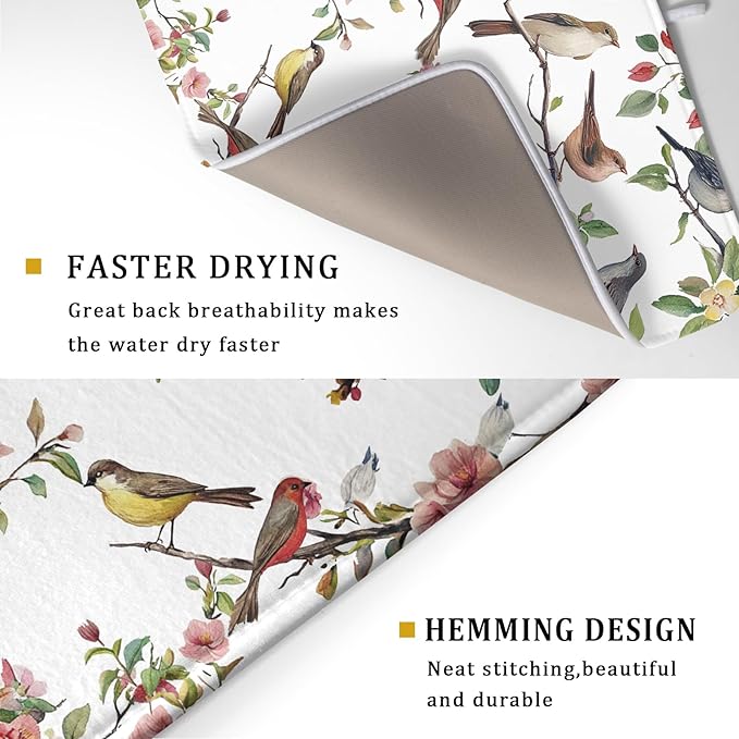Spring Dish Drying Mat for Kitchen Counter Cute Birds Summer Holiday Microfiber Absorbent Dish Draining Reusable Washable Foldable Extra Large 18"x24"