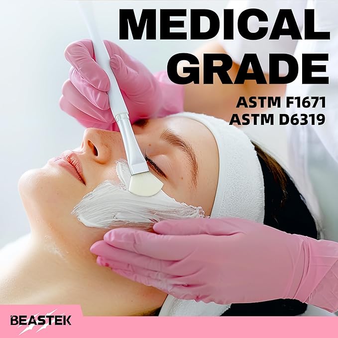 Beastek Nitrile Disposable Exam Gloves, 4Mil 100Ct Powder-Free Latex-Free Food-Safe for Cooking Medical Esthetician, Hot Pink