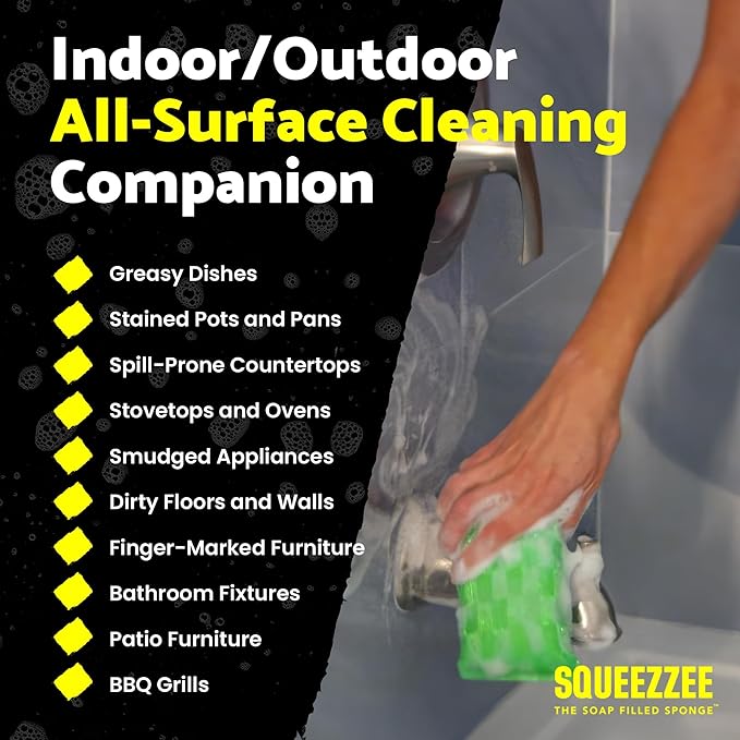 Squeezzee Soap Filled Scrubber Sponges - Non Scratch Scrubbing Sponge with Built-In Dishwashing Liquid Dish Soap - Double Sided Kitchen & Household Cleaning Scrubbers - Up to 300 Washes Per Sponge - 4
