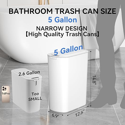 Automatic Motion Sensor Bathroom Trash Can with Lid, 5 Gallon Touchless Trash Bin,Smart Electric Narrow Waterproof Garbage Bin for Toilet, Office, Bedroom, Living Room, Dorm (White