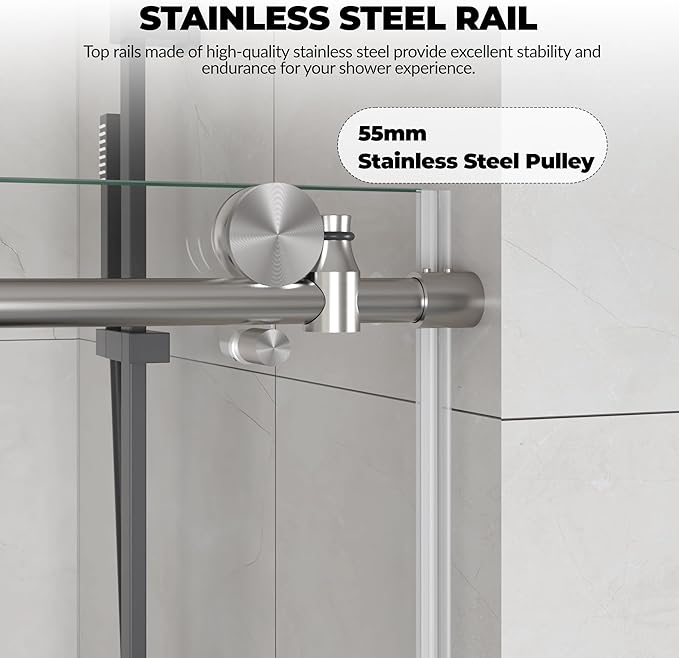 44-48" W x 76" H Frameless Sliding Shower Door，5/16" Thick Tempered Clear Glass with Explosion-Proof Film,Easy-to-Clean Coating,Handle and Seal Strip, Brushed Nickel