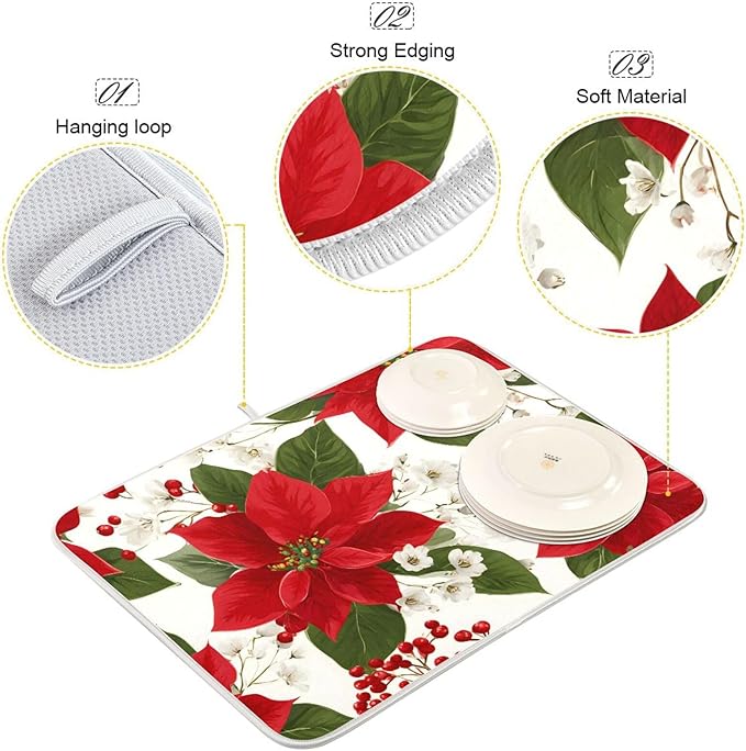 Red Poinsettias with Holly Dish Drying Mat for Kitchen Counter Super Absorbent Drying Mat 18x24 inch Large Dish Drying Matts for Countertop Protector Dishes Pad