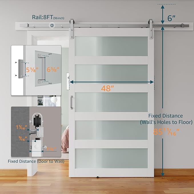 48'' x 84'' Glass Barn Door and 8 Ft Brushed Nickel Hardware Kit Included, MDF White Barn Door Slab with Frosted Glass, PVC Surface, Combined with Handle and Floor Guide-Assembly Required