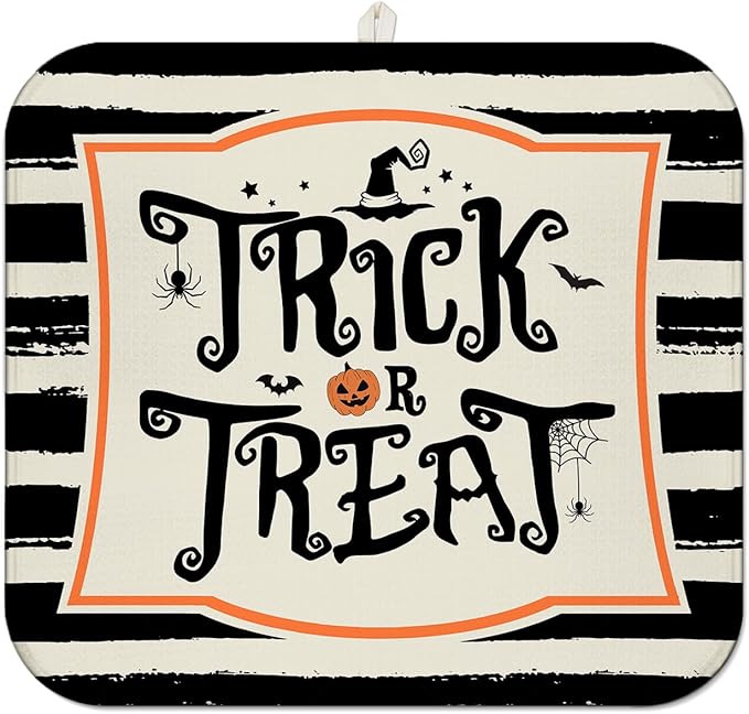 Halloween Dish Drying Mat for Kitchen Counter, Halloween Trick or Treat Microfiber Drying Mat,Distressed Black and White Background Washable Absorbent Countertop Holiday Dish Mat Drain Mat,16x18 Inch