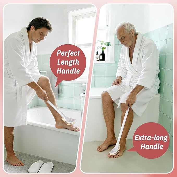 New Foot Brush & Foot Files Set(3PCS), 3-in-1 Foot Scrubber with Long Handle, 10.2’’-27.5’’Adjustable Foot Scrub Brush and 2 Upgrade Foot File Callus Remover, Gift-Box Packed(Pink+2*Foot File)