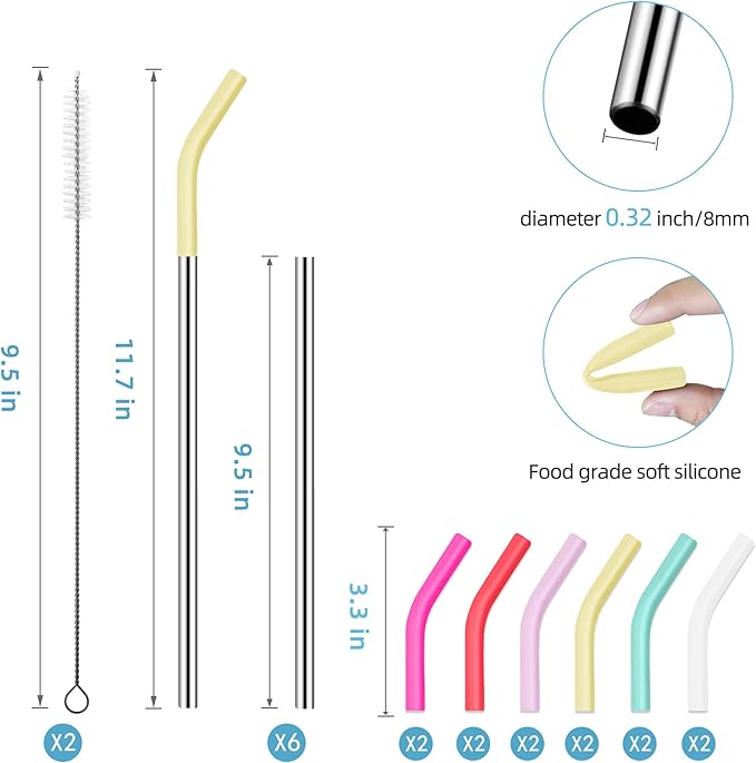 30 oz Stainless Metal Straws for 30 oz Stanley Tumbler, 6Pcs Reusable Straight Long Steel Straws with 12 Silicone Tips and 2 Straw Cleaning Brushes (6Color3, 30oz)