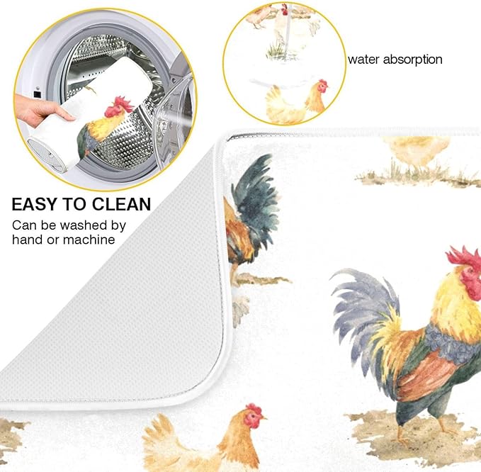 Tarity Watercolor Chickens And Rooster Dish Drying Mat for Kitchen Counter Absorbent Heat Resistant Microfiber Dishes Drainer Mat 18x24 in Large Dish Pad Sink Mat Protective Pad Kitchen Decor