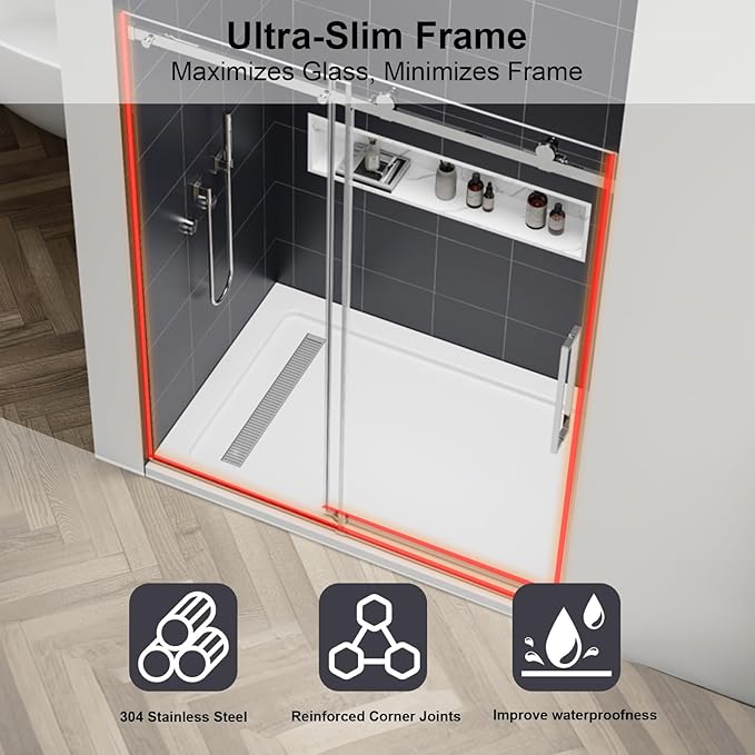 Luxury Soft-Closed Frameless Sliding Shower Door, 58–60" W x 76" H, 3/8" (10mm) Tempered Glass, Nano Coating, 304 Stainless Steel, Premium Quiet Close System - Bright Chrome