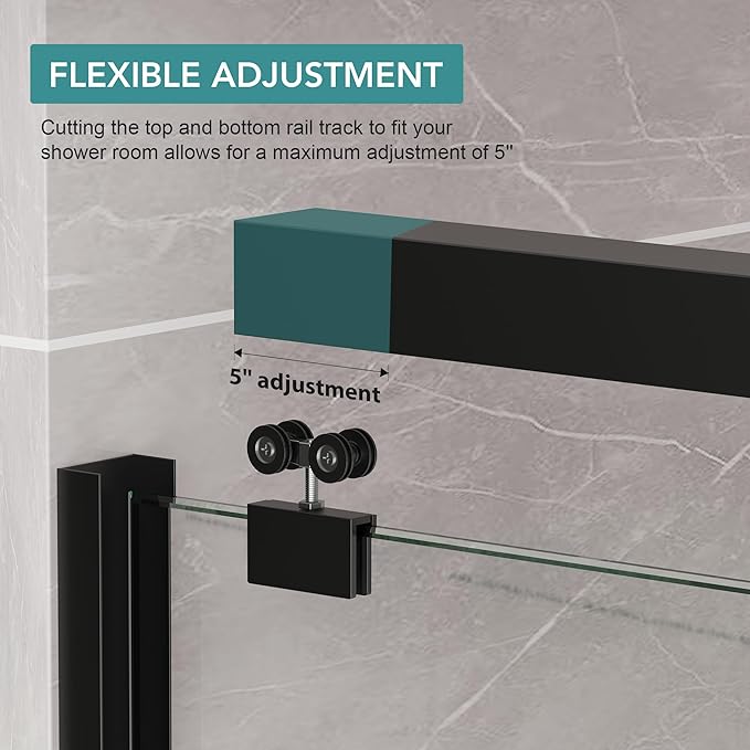 KPUY Glass Shower Door, 55-60" W x 76" H Semi-Frameless Double Sliding Shower Door, 1/4" (6mm) Thick Tempered Clear Glass with Explosion-Proof Film Nano Coating, Matte Black